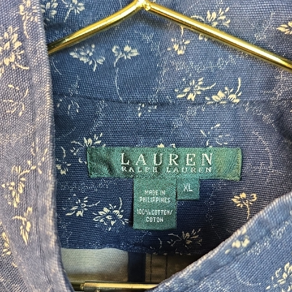 Lauren Ralph Lauren Blue Floral Jean Jacket Vintage Gold Tone Button XL - Picture 2 of 14